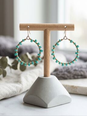 Vintage Boho Beaded Hoop Earrings - Turquoise & Natural Tones